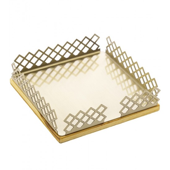 Porta Guardanapos 17cm largura por 5,5cm altura De Madeira Com Aço Inox Teca Champanhe